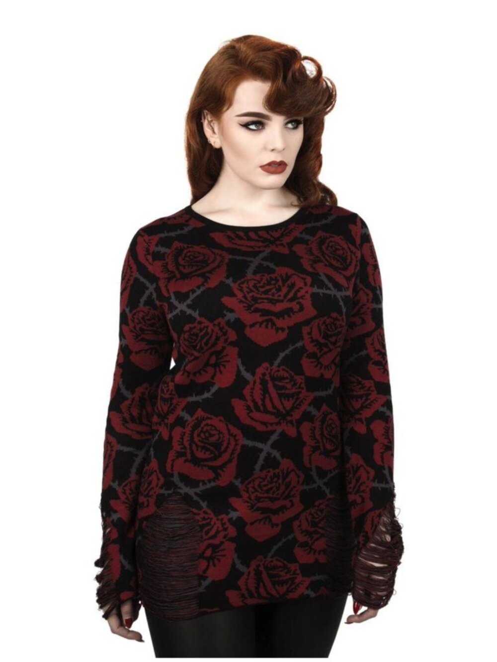 KILLSTAR Eden whimsigoth distressed rose pattern longline sweater
